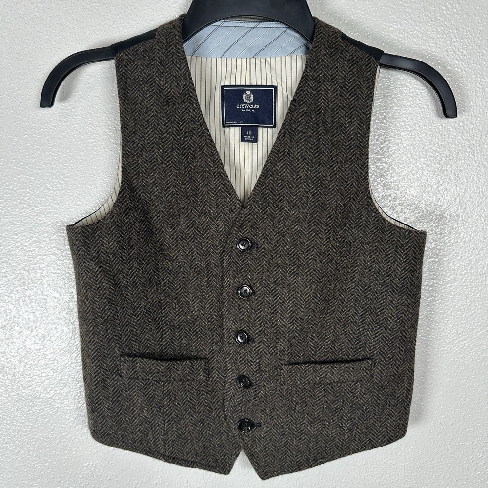 NEW Crewcuts J Crew Suit Vest Boys Size 10 Wool Brown Herringbone Cotton Lining